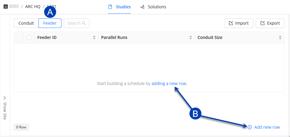 Interface showing options to add a new row in a data table.